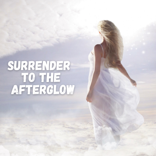 An angelic looking woman with long tousled blonde hair stands in heavenly clouds. She is wearing a long, sheer white night gown.